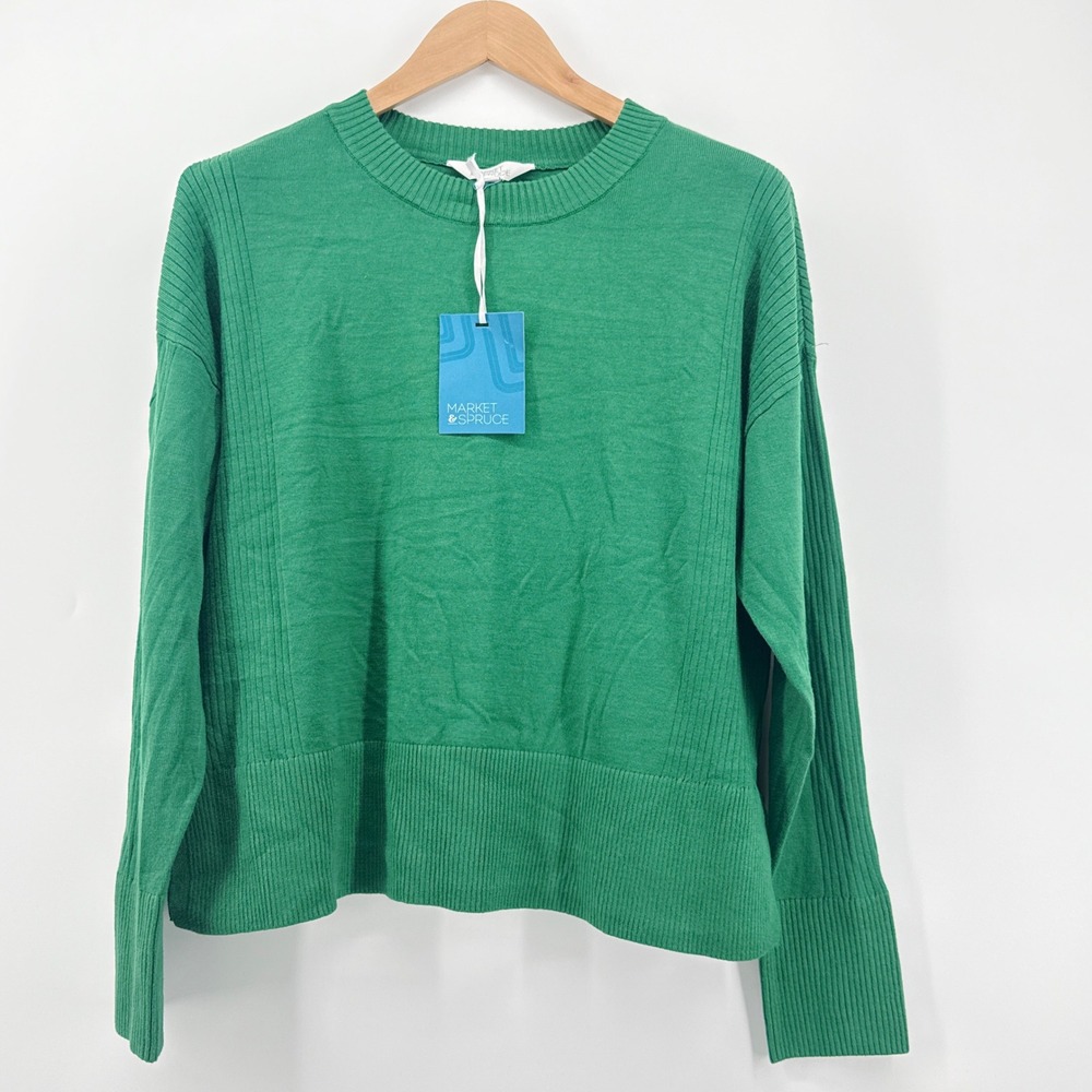 NEW NWT Market & Spruce Green Ribbed Crew Neck Long Sleeve Sweater Size Large